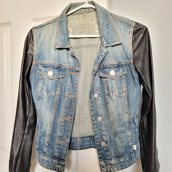 Aritzia TALULA Harlem Denim Jacket Faux Leather Sleeves Black XS